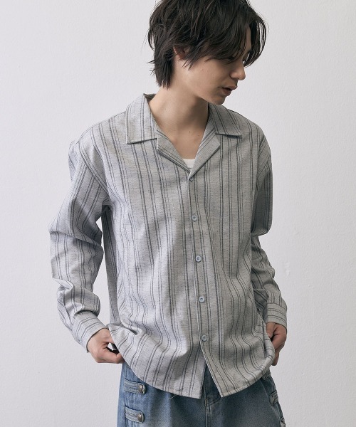 Shoowtime(ショウタイム)の「Vintage Stripe Cropped Open Collar Shirt / ヴィンテージ ストライプ クロップド オープンカラーシャツ(シャツ/ブラウス・メンズ・グレー/ブラック・MEDIUM/X-LARGE/LARGE)」の2枚目の写真