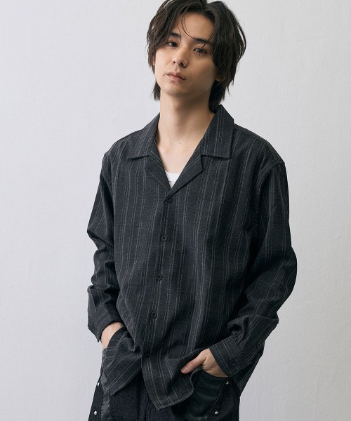 Shoowtime(ショウタイム)の「Vintage Stripe Cropped Open Collar Shirt / ヴィンテージ ストライプ クロップド オープンカラーシャツ(シャツ/ブラウス・メンズ・グレー/ブラック・MEDIUM/X-LARGE/LARGE)」の1枚目の写真