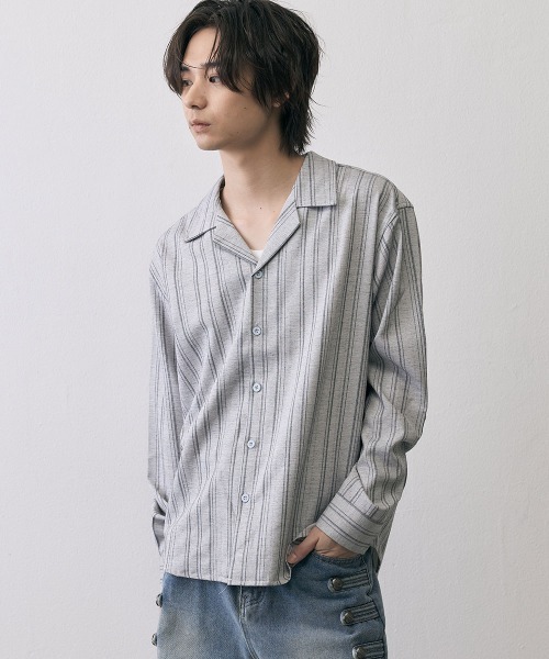 Shoowtime(ショウタイム)の「Vintage Stripe Cropped Open Collar Shirt / ヴィンテージ ストライプ クロップド オープンカラーシャツ(シャツ/ブラウス・メンズ・グレー/ブラック・MEDIUM/X-LARGE/LARGE)」の3枚目の写真