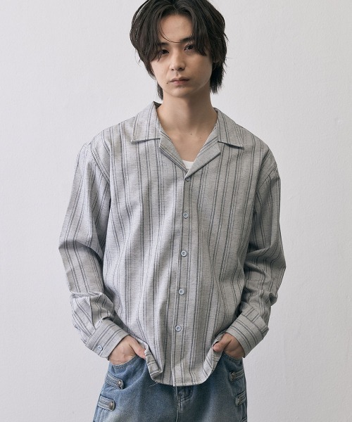 Shoowtime(ショウタイム)の「Vintage Stripe Cropped Open Collar Shirt / ヴィンテージ ストライプ クロップド オープンカラーシャツ(シャツ/ブラウス・メンズ・グレー/ブラック・MEDIUM/X-LARGE/LARGE)」の4枚目の写真
