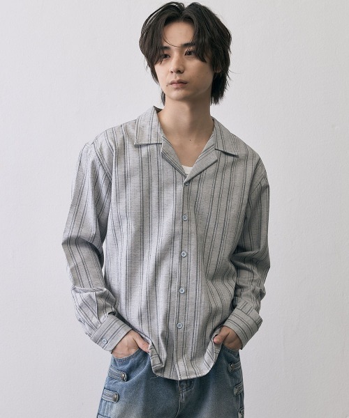 Shoowtime(ショウタイム)の「Vintage Stripe Cropped Open Collar Shirt / ヴィンテージ ストライプ クロップド オープンカラーシャツ(シャツ/ブラウス・メンズ・グレー/ブラック・MEDIUM/X-LARGE/LARGE)」の5枚目の写真
