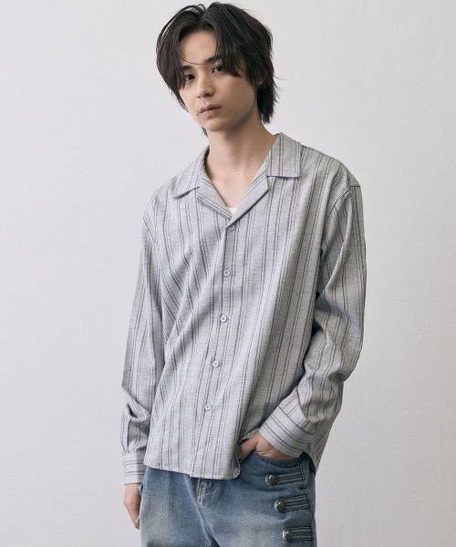 Shoowtime(ショウタイム)の「Vintage Stripe Cropped Open Collar Shirt / ヴィンテージ ストライプ クロップド オープンカラーシャツ(シャツ/ブラウス・メンズ・グレー/ブラック・MEDIUM/X-LARGE/LARGE)」の6枚目の写真