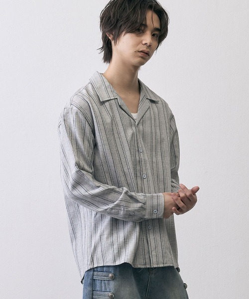 Shoowtime(ショウタイム)の「Vintage Stripe Cropped Open Collar Shirt / ヴィンテージ ストライプ クロップド オープンカラーシャツ(シャツ/ブラウス・メンズ・グレー/ブラック・MEDIUM/X-LARGE/LARGE)」の8枚目の写真