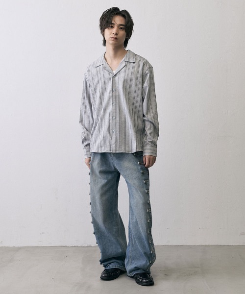 Shoowtime(ショウタイム)の「Vintage Stripe Cropped Open Collar Shirt / ヴィンテージ ストライプ クロップド オープンカラーシャツ(シャツ/ブラウス・メンズ・グレー/ブラック・MEDIUM/X-LARGE/LARGE)」の10枚目の写真