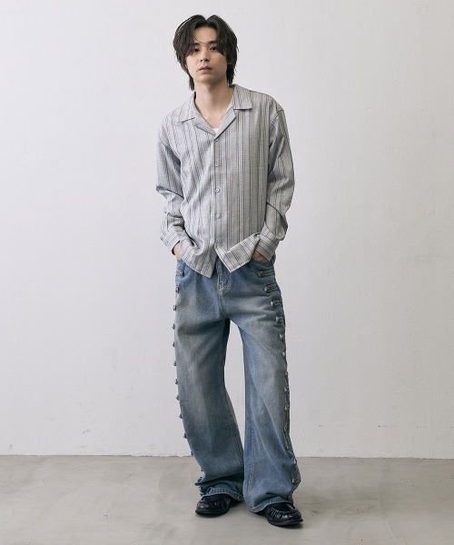 Shoowtime(ショウタイム)の「Vintage Stripe Cropped Open Collar Shirt / ヴィンテージ ストライプ クロップド オープンカラーシャツ(シャツ/ブラウス・メンズ・グレー/ブラック・MEDIUM/X-LARGE/LARGE)」の11枚目の写真