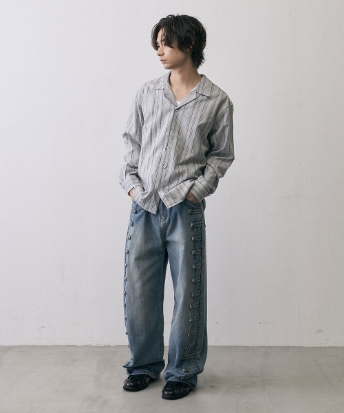 Shoowtime(ショウタイム)の「Vintage Stripe Cropped Open Collar Shirt / ヴィンテージ ストライプ クロップド オープンカラーシャツ(シャツ/ブラウス・メンズ・グレー/ブラック・MEDIUM/X-LARGE/LARGE)」の12枚目の写真