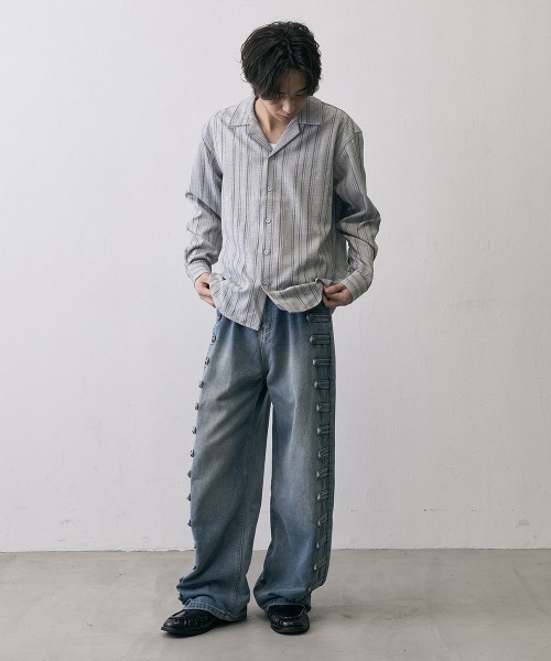 Shoowtime(ショウタイム)の「Vintage Stripe Cropped Open Collar Shirt / ヴィンテージ ストライプ クロップド オープンカラーシャツ(シャツ/ブラウス・メンズ・グレー/ブラック・MEDIUM/X-LARGE/LARGE)」の13枚目の写真