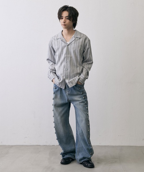 Shoowtime(ショウタイム)の「Vintage Stripe Cropped Open Collar Shirt / ヴィンテージ ストライプ クロップド オープンカラーシャツ(シャツ/ブラウス・メンズ・グレー/ブラック・MEDIUM/X-LARGE/LARGE)」の14枚目の写真