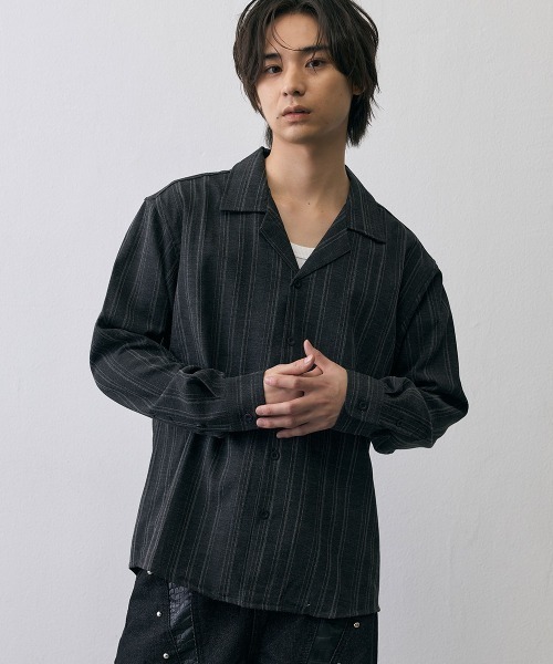 Shoowtime(ショウタイム)の「Vintage Stripe Cropped Open Collar Shirt / ヴィンテージ ストライプ クロップド オープンカラーシャツ(シャツ/ブラウス・メンズ・グレー/ブラック・MEDIUM/X-LARGE/LARGE)」の17枚目の写真