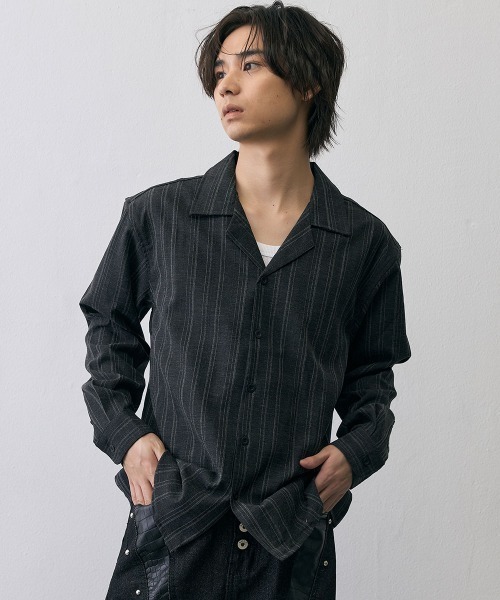 Shoowtime(ショウタイム)の「Vintage Stripe Cropped Open Collar Shirt / ヴィンテージ ストライプ クロップド オープンカラーシャツ(シャツ/ブラウス・メンズ・グレー/ブラック・MEDIUM/X-LARGE/LARGE)」の18枚目の写真