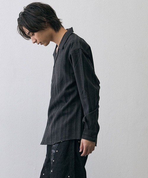 Shoowtime(ショウタイム)の「Vintage Stripe Cropped Open Collar Shirt / ヴィンテージ ストライプ クロップド オープンカラーシャツ(シャツ/ブラウス・メンズ・グレー/ブラック・MEDIUM/X-LARGE/LARGE)」の20枚目の写真