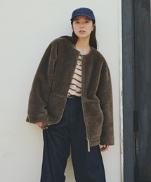 ◆フェイクムートンリバーシブルノーカラーハーフコート