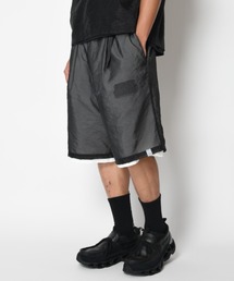 SUPERTHANKS（スーパーサンクス）の「【機能性カット素材×オーガンジー】レイヤードワイドショートパンツ　Double-layered wide shorts (linelogo-print)（その他パンツ）」
