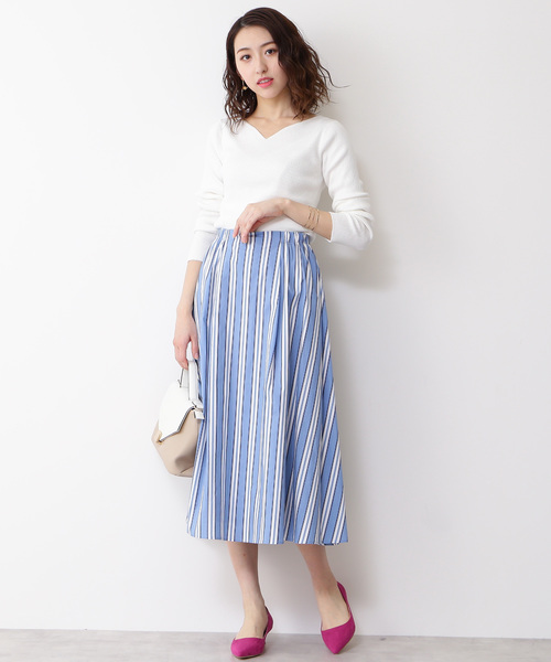 N.(N. Natural Beauty Basic)(エヌエヌナチュラルビューティーベーシック)の「タイプライターストライプミモレスカート(スカート・レディース・ブルー系その他/ブルー系その他2/イエロー系その他・MEDIUM)」の4枚目の写真