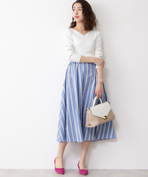 N.(N. Natural Beauty Basic)(エヌエヌナチュラルビューティーベーシック)の「タイプライターストライプミモレスカート(スカート・レディース・ブルー系その他/ブルー系その他2/イエロー系その他・MEDIUM)」の5枚目の写真