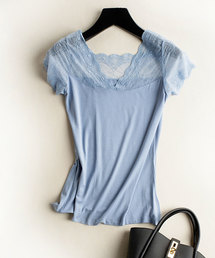 Vネックレースフレンチスリーブトップス