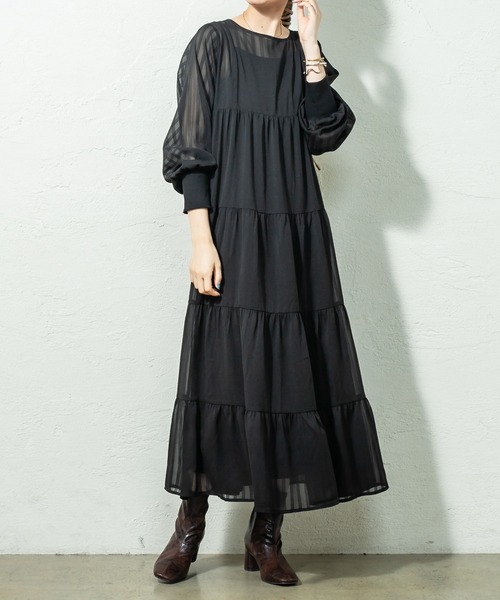 mystic(ミスティック)の「シアーストライプティアードワンピース(ワンピース・レディース・ブラック/ベージュ/カーキ・FREE)」の7枚目の写真