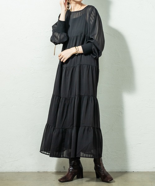 mystic(ミスティック)の「シアーストライプティアードワンピース(ワンピース・レディース・ブラック/ベージュ/カーキ・FREE)」の11枚目の写真