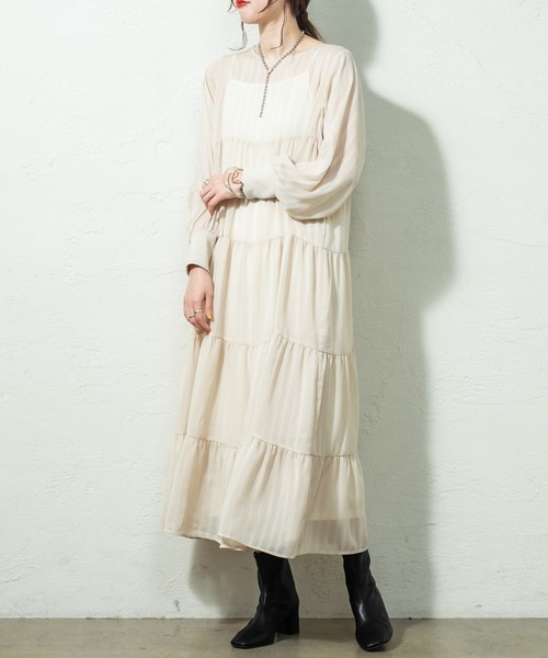 mystic(ミスティック)の「シアーストライプティアードワンピース(ワンピース・レディース・ブラック/ベージュ/カーキ・FREE)」の4枚目の写真