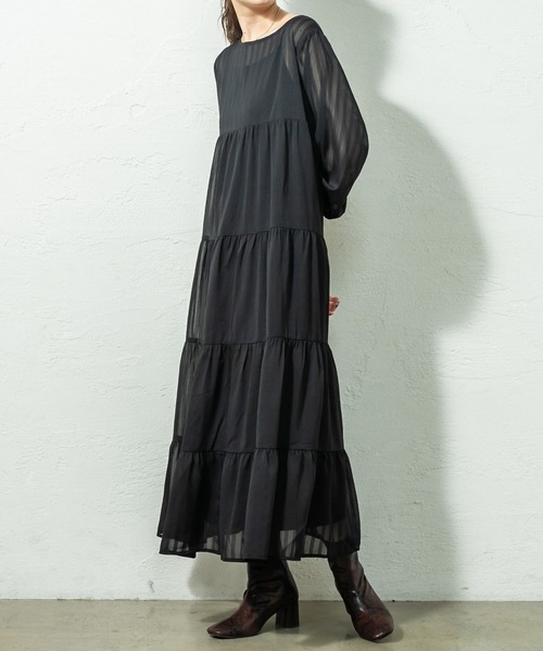 mystic(ミスティック)の「シアーストライプティアードワンピース(ワンピース・レディース・ブラック/ベージュ/カーキ・FREE)」の9枚目の写真