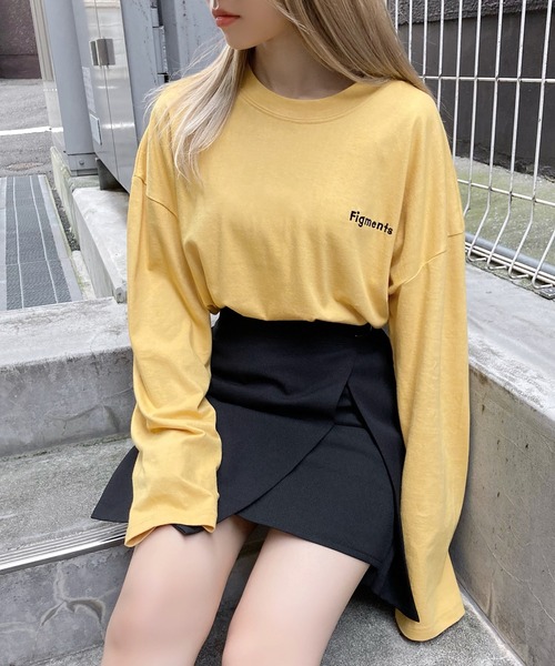 Figments（フィグメンツ）の「ワンポイントロゴロンT（Tシャツ/カットソー・レディース・グリーン/ブラック/ホワイト/マスタード/パープル/ベージュ/サックスブルー・FREE）」の7枚目の写真