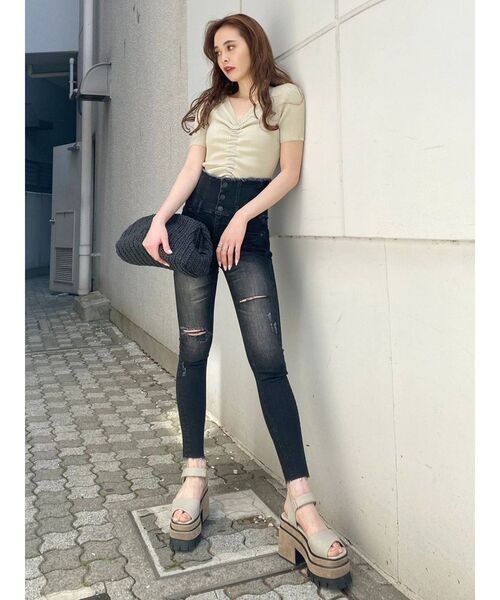 EMODA（エモダ）の「フリンジレースアップハイウエストパギンス（デニムパンツ・レディース・ブラック/インディゴブルー・MEDIUM/SMALL/X-SMALL）」の12枚目の写真