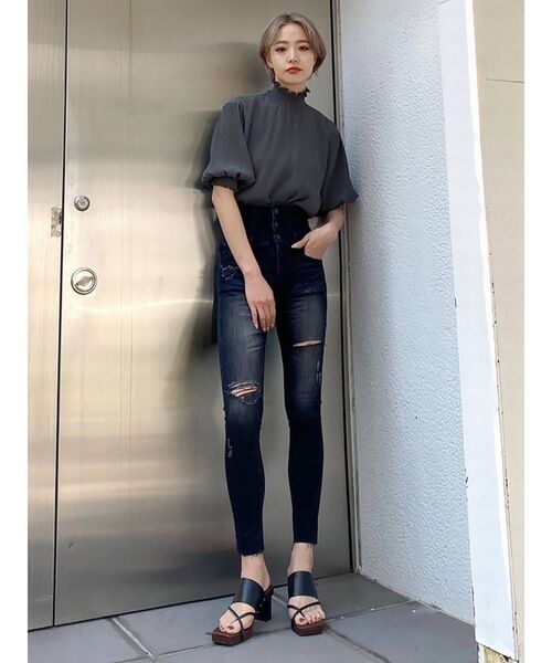 EMODA（エモダ）の「フリンジレースアップハイウエストパギンス（デニムパンツ・レディース・ブラック/インディゴブルー・MEDIUM/SMALL/X-SMALL）」の4枚目の写真