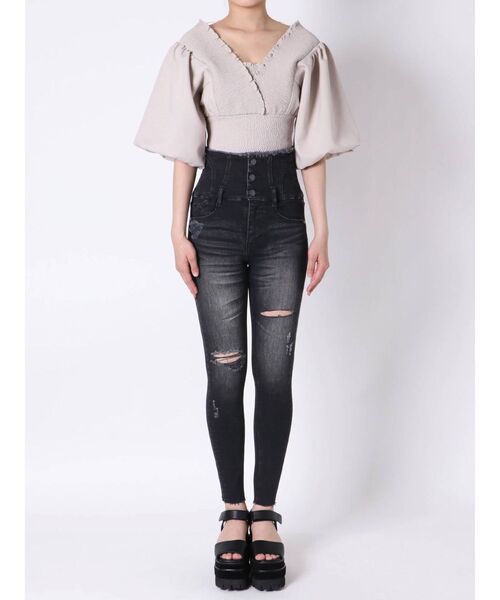 EMODA（エモダ）の「フリンジレースアップハイウエストパギンス（デニムパンツ・レディース・ブラック/インディゴブルー・MEDIUM/SMALL/X-SMALL）」の14枚目の写真