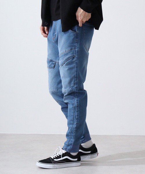 セール】BIGカーゴ ワイドテーパード ストレッチデニムパンツ 裾
