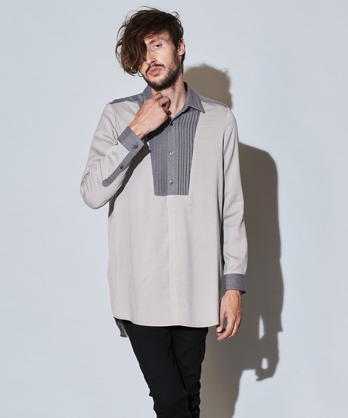 NO ID.(ノーアイディ)の「フロントタック切替ロングSH(シャツ/ブラウス・メンズ・ブラック/ベージュ/グレー・1/2)」の9枚目の写真