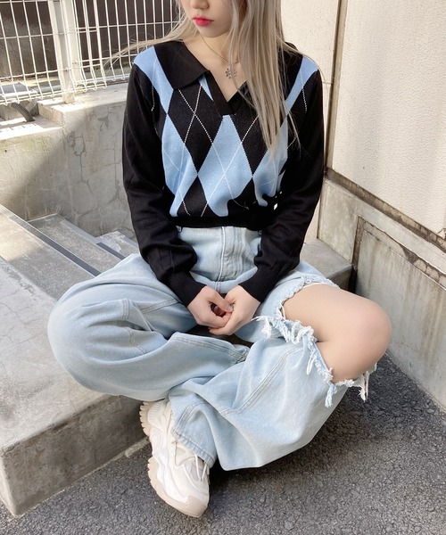 Figments（フィグメンツ）の「ダメージワイドデニムパンツ（デニムパンツ・レディース・インディゴブルー/ライトブルー・SMALL/MEDIUM）」の12枚目の写真