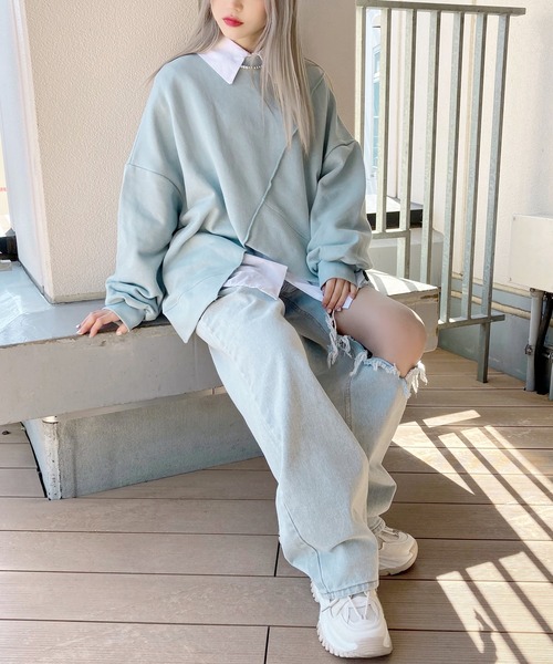 Figments（フィグメンツ）の「ダメージワイドデニムパンツ（デニムパンツ・レディース・インディゴブルー/ライトブルー・SMALL/MEDIUM）」の13枚目の写真