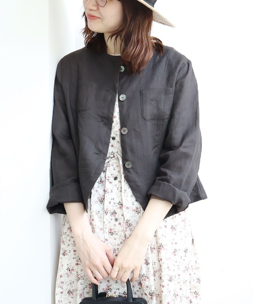 fig Ｌondon（フィグロンドン）の「lady LINEN　JK（ノーカラージャケット・レディース・その他/ベージュ/チャコールグレー・FREE）」の16枚目の写真