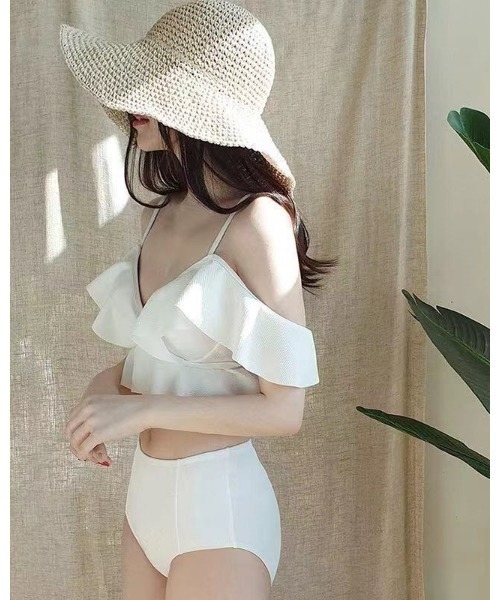SEA DRESS ハイウエストフリルビキニ　アイボリー SEA DRESS（シードレス） 水着 3点セット/フリルデザインジャガード