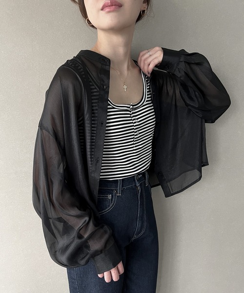 スタンドカラーシアーショートシャツ