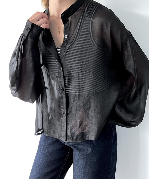 JUNOAH(ジュノア)の「スタンドカラーシアーショートシャツ(シャツ/ブラウス・レディース・ブラック/ブラウン/クリーム/ピンク系その他/グリーン系その他/ミント/グレー/ブルー/ホワイト・MEDIUM/LARGE/X-LARGE/SMALL)」の22枚目の写真