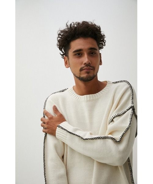 AZUL by moussy（アズールバイマウジー）の「STITCH COCKTAIL COLOR KNIT/ステッチカクテルカラーニット（ニット/セーター・メンズ・ベージュ/ピンク/グリーン/ブラック/オフホワイト・MEDIUM/LARGE）」の6枚目の写真