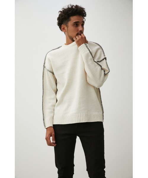 AZUL by moussy（アズールバイマウジー）の「STITCH COCKTAIL COLOR KNIT/ステッチカクテルカラーニット（ニット/セーター・メンズ・ベージュ/ピンク/グリーン/ブラック/オフホワイト・MEDIUM/LARGE）」の7枚目の写真