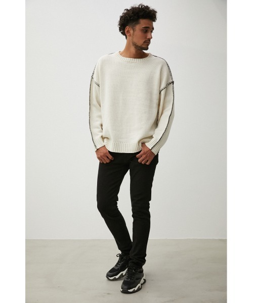 AZUL by moussy（アズールバイマウジー）の「STITCH COCKTAIL COLOR KNIT/ステッチカクテルカラーニット（ニット/セーター・メンズ・ベージュ/ピンク/グリーン/ブラック/オフホワイト・MEDIUM/LARGE）」の8枚目の写真