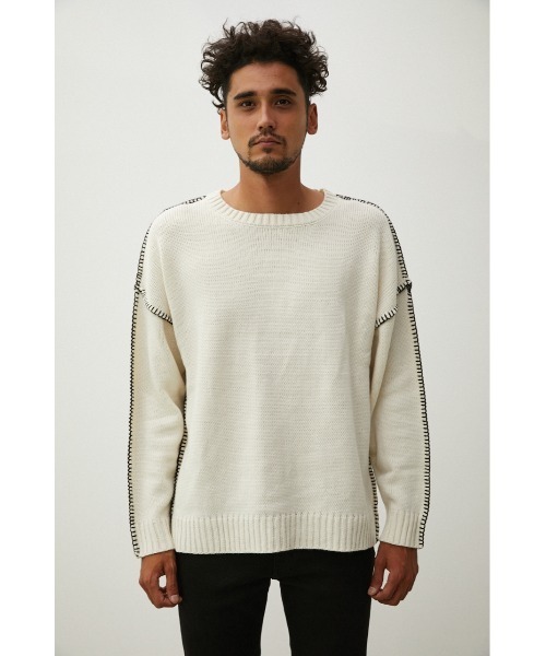 AZUL by moussy（アズールバイマウジー）の「STITCH COCKTAIL COLOR KNIT/ステッチカクテルカラーニット（ニット/セーター・メンズ・ベージュ/ピンク/グリーン/ブラック/オフホワイト・MEDIUM/LARGE）」の9枚目の写真