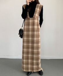 ECLIN | バックスリットチェック柄ロングジャンパースカート(ジャンパースカート)
