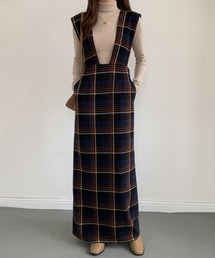 バックスリットチェック柄ロングジャンパースカート