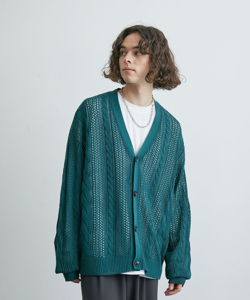 JUNRED(ジュンレッド)の「ケーブルクロシェ編みカーディガン(カーディガン/ボレロ・メンズ・ブラック/ラベンダー/グリーン・S/M/L)」の5枚目の写真
