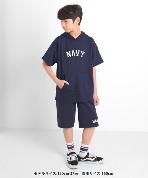 GLAZOS（グラソス）の「[ワイド]ミニ裏毛・カレッジプリントハーフパンツ【セットアップ対応】（その他パンツ・キッズ・ネイビー/オートミール・170cm/140cm/150cm/160cm）」の3枚目の写真