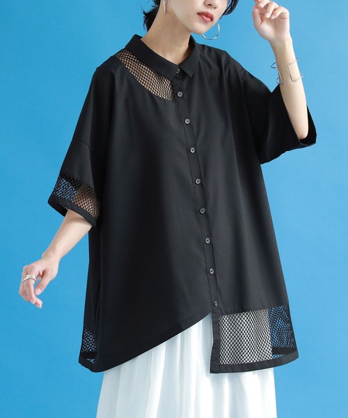 kOhAKU(コハク)の「『メッシュ切替アシメデザインシャツ』(シャツ/ブラウス・レディース・ブラック/オフホワイト・FREE)」の1枚目の写真