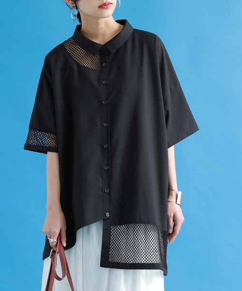 kOhAKU(コハク)の「『メッシュ切替アシメデザインシャツ』(シャツ/ブラウス・レディース・ブラック/オフホワイト・FREE)」の4枚目の写真