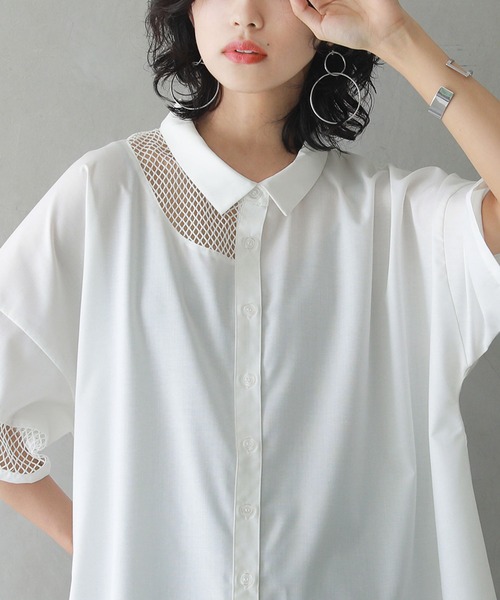 kOhAKU(コハク)の「『メッシュ切替アシメデザインシャツ』(シャツ/ブラウス・レディース・ブラック/オフホワイト・FREE)」の9枚目の写真