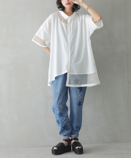 kOhAKU(コハク)の「『メッシュ切替アシメデザインシャツ』(シャツ/ブラウス・レディース・ブラック/オフホワイト・FREE)」の12枚目の写真