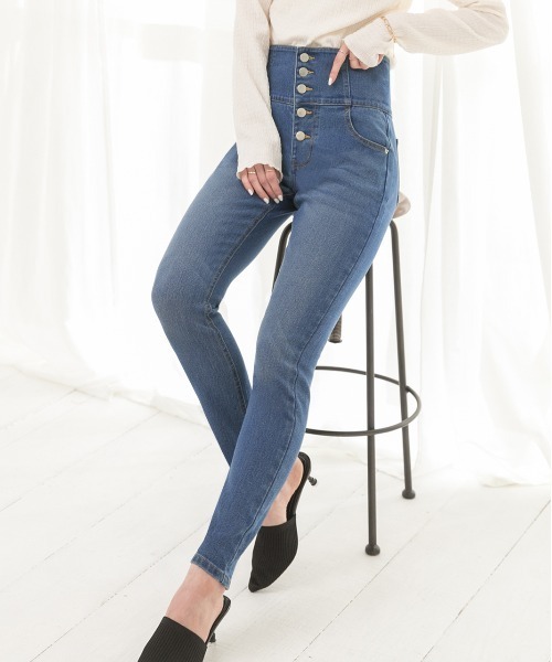 ad thie（アドティエ）の「ストレート ハイウエストスキニーパンツ（デニムパンツ・レディース・ダークブルー/ライトインディゴブルー/スカイブルー・LARGE/MEDIUM/SMALL）」の4枚目の写真