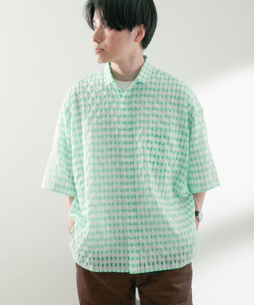 ITEMS URBANRESEARCH（アイテムズ アーバンリサーチ）の「シアサッカーチェック ショートスリーブシャツ（シャツ/ブラウス・メンズ・グリーン/ブラック/ブルー・LARGE/MEDIUM）」の4枚目の写真